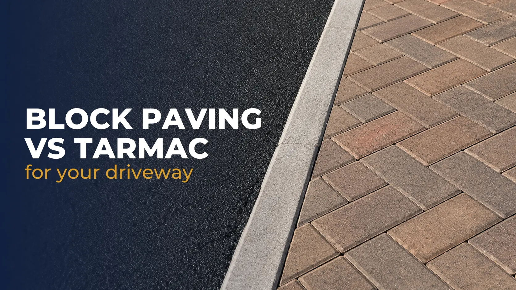 Card image for the article: black tarmac and brindle herringbone block paving either side of a concrete kerb, with the words "Block paving vs tarmac for your driveway"
