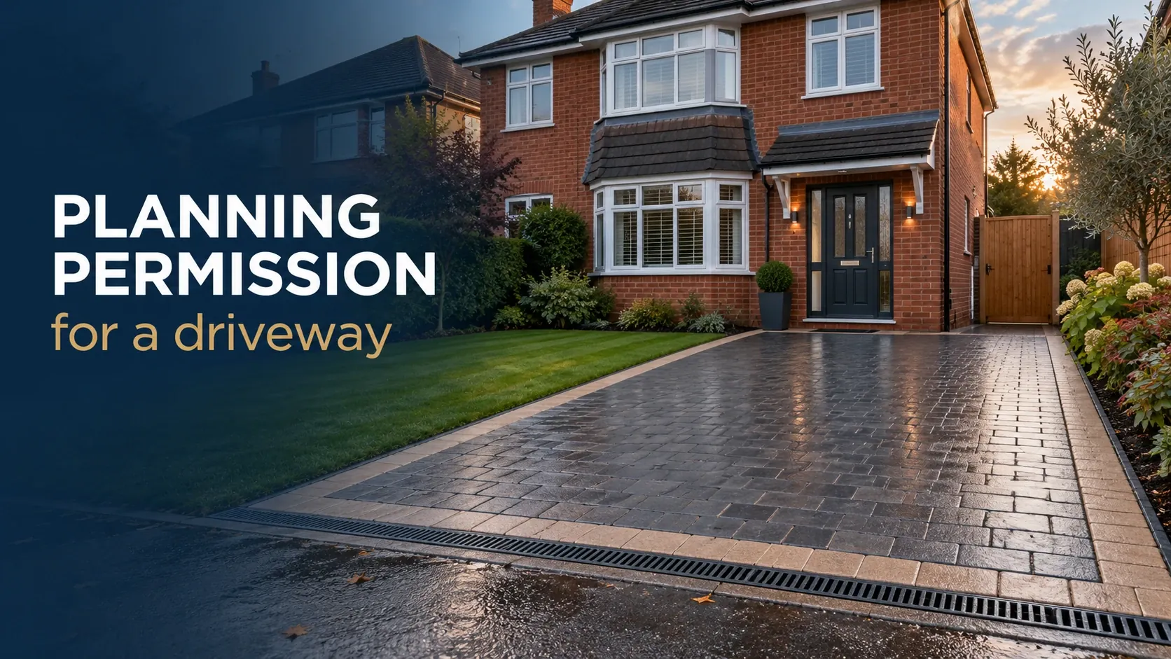 Card image for the article: a charcoal block paving driveway, wet after rain, falling to a channel drain at the pavement edge, with the words "Planning permission for a driveway"