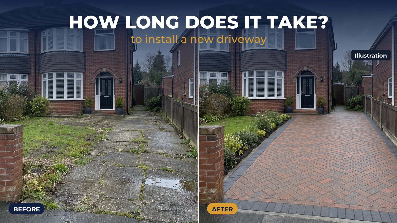 Illustration of a front garden before and after a new block paving driveway, cracked concrete on the left and a herringbone block paving drive on the right, with the words "How long does it take to install a new driveway?"