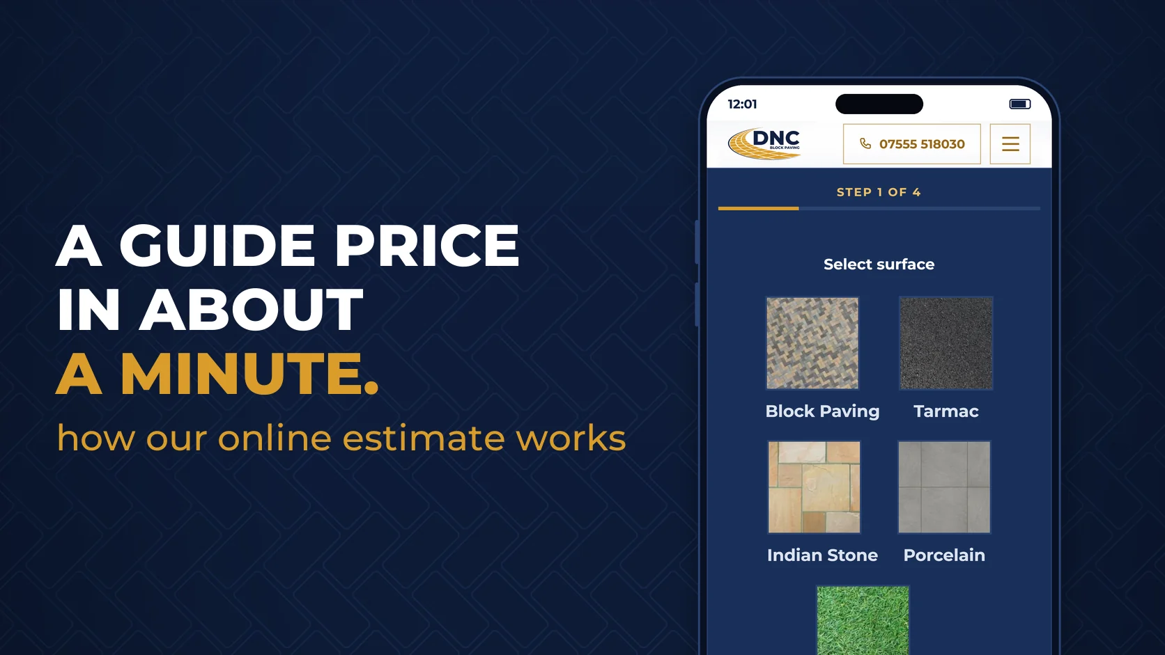 Card image for the article: the first step of the DNC online estimate on a phone, choosing the surface, with the words "A guide price in about a minute: how our online estimate works"