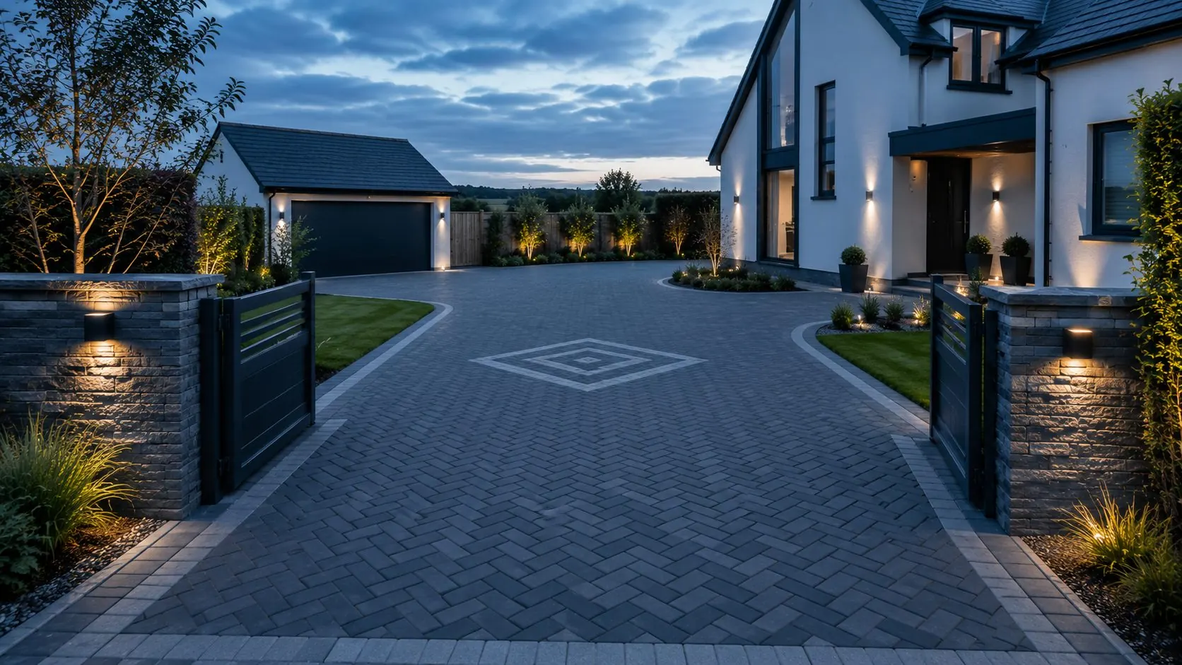 A charcoal block paving driveway with a lighter border and a diamond feature set into it