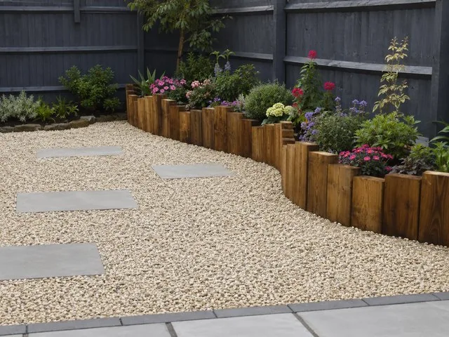 Cream gravel with grey stone treads, edged by upright timber sleepers holding a planted border against a dark fence