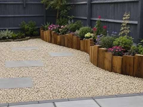 Cream gravel with grey stone treads, edged by upright timber sleepers holding a planted border against a dark fence