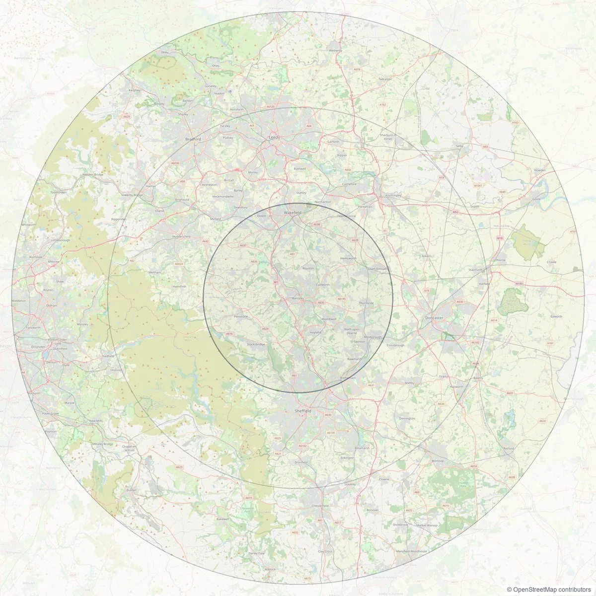 Map of the DNC service area, centred on Barnsley, with rings at 10, 20 and 30 miles. Wakefield, Rotherham, Sheffield, Huddersfield, Doncaster, Leeds, Bradford and Chesterfield all fall inside the 30 mile radius